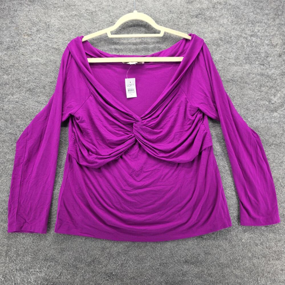 LOFT Shirt Womens XL Purple Twist Front Ruched Long Sleeve Stretch Knit Rayon